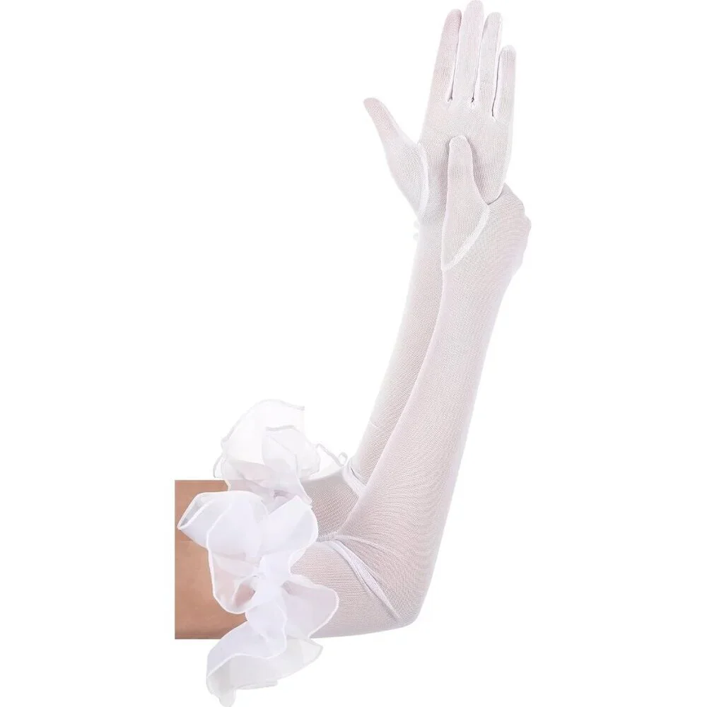 Women's Long White Ruffle Puff Cuff Sleeve Mesh Gloves Wedding Party Costume